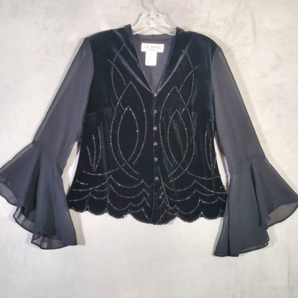 VTG J R Nites by Caliendo Top 10 Black Velvet Beaded Sheer Whimsigoth Witchy USA